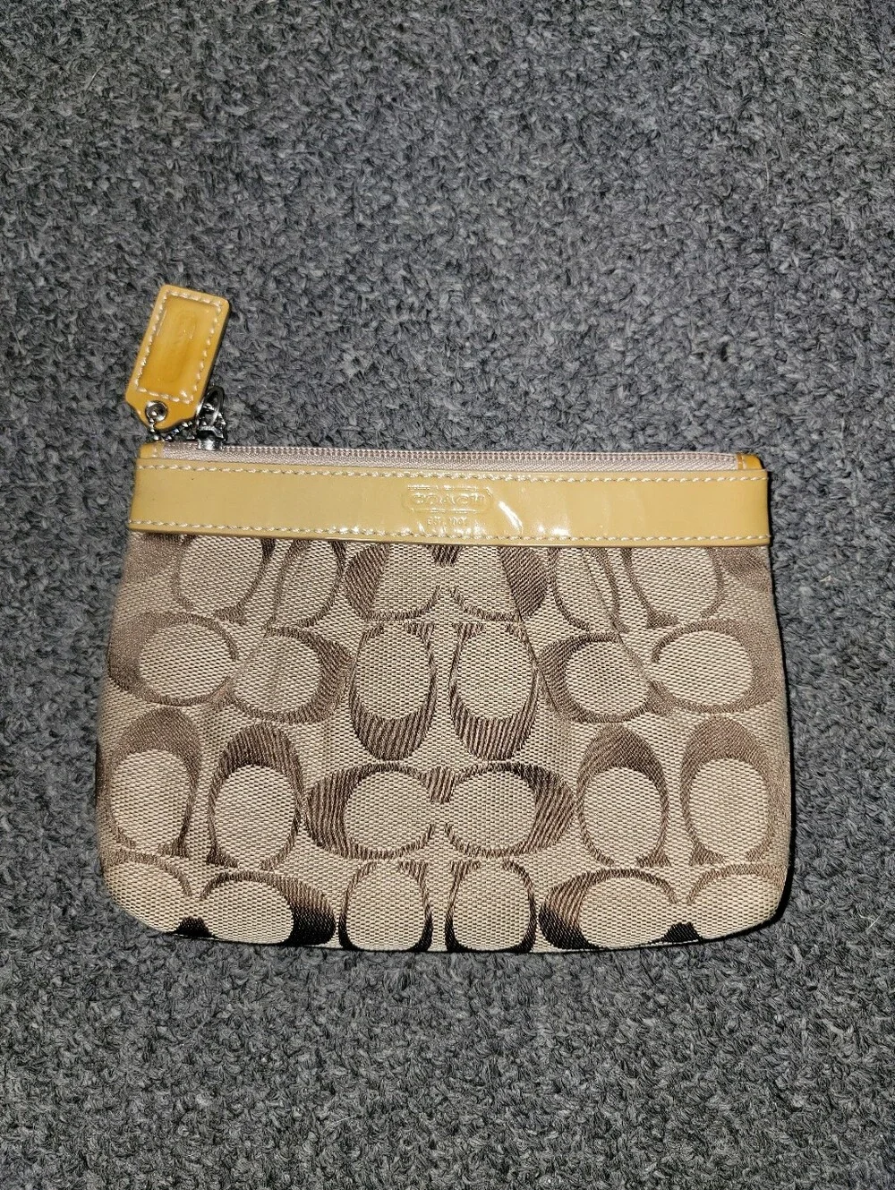 Coach Signature Canvas Wristlet in Beige with Yellow Trim